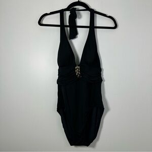 Trina Turk Women’s One Piece Black Swimsuit Gold Hardware Size 10